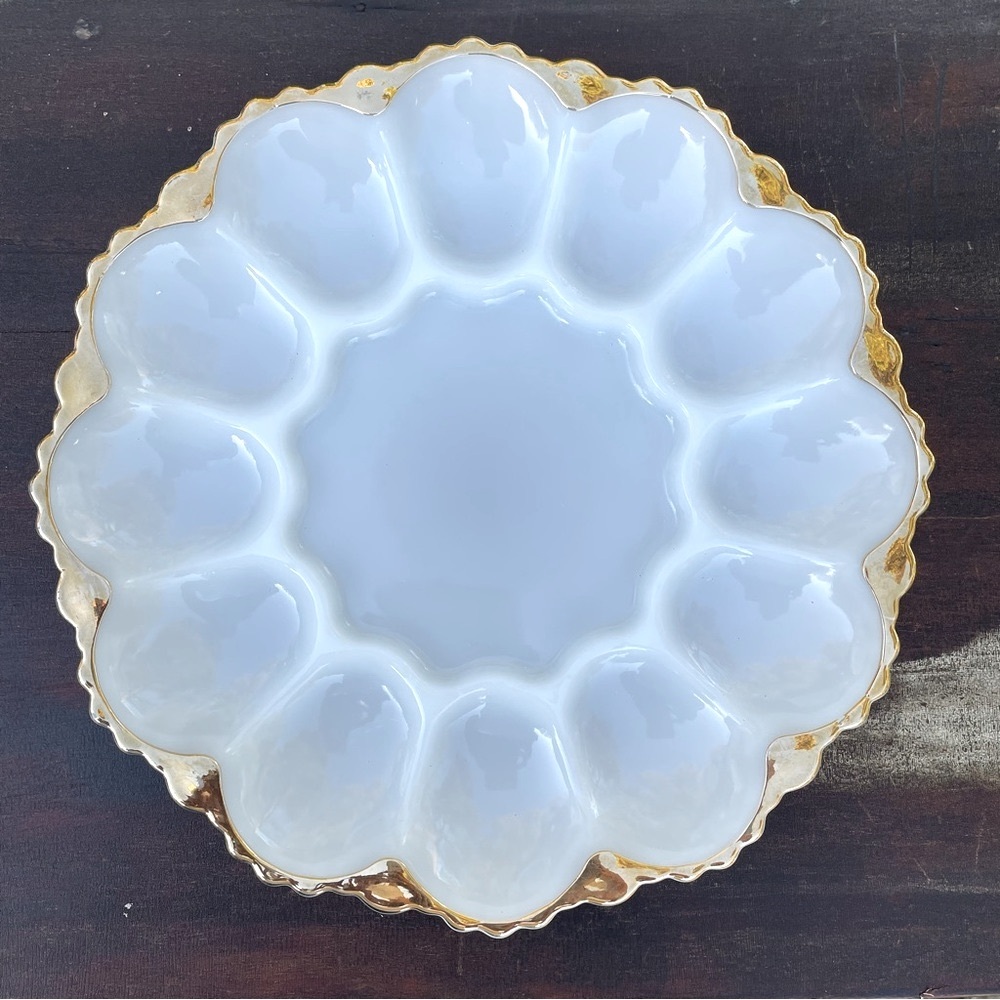 Deviled egg platter white gold trim vintage serving tray